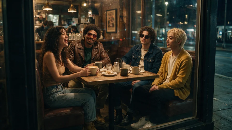Tessa, Malcolm, Graham, and Jun share a café table