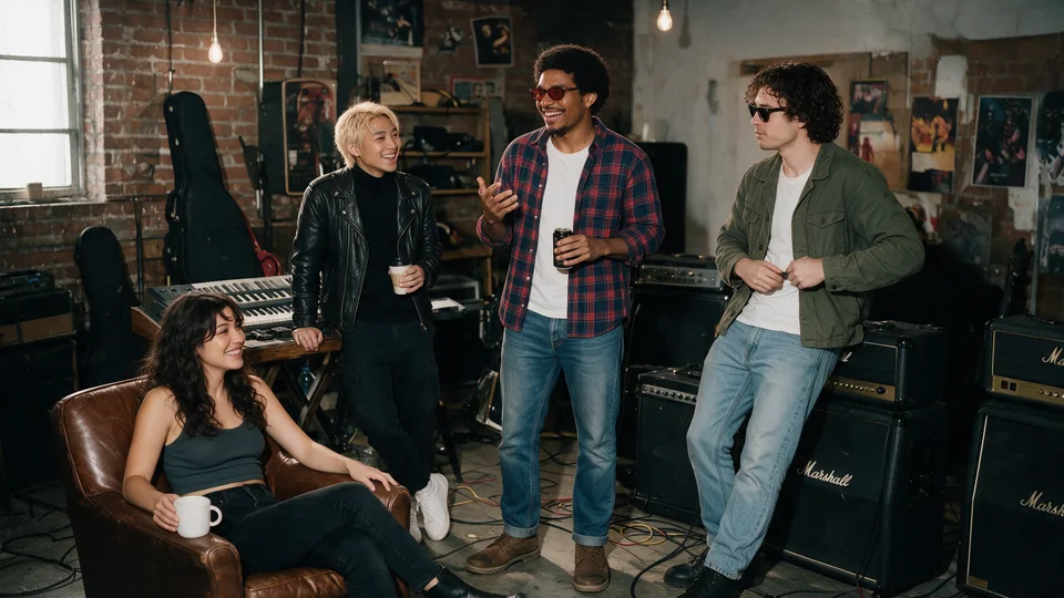 All four Stereoceptor members together in their rehearsal room