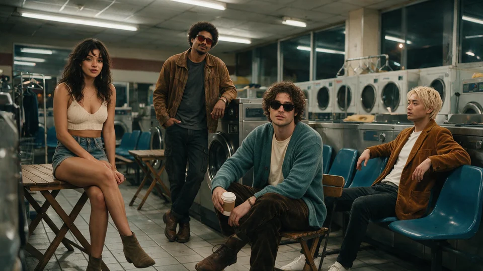Tessa, Malcolm, Graham, and Jun together in a laundromat