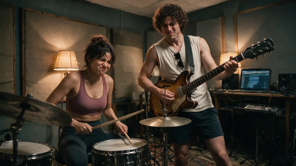 Tessa on drums and Graham on guitar, reacting together as they play