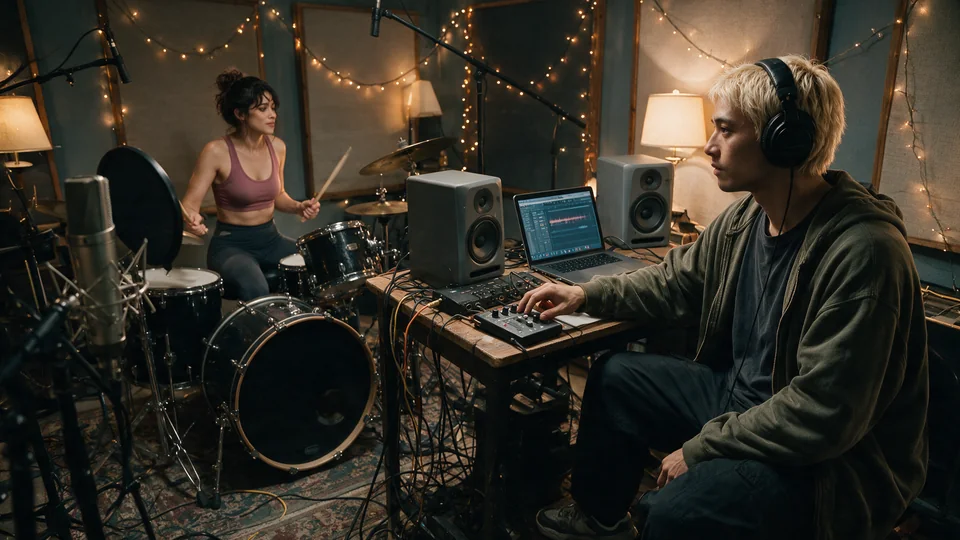 Jun wearing headphones at the audio desk while Tessa plays drums