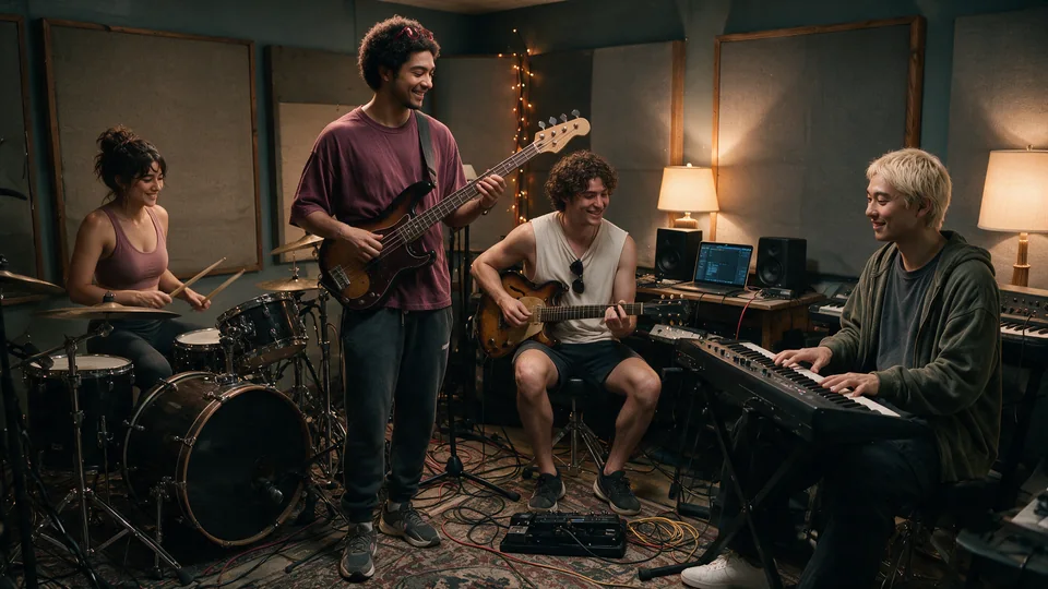 Tessa plays drums, Malcolm bass, Graham guitar, and Jun keyboards together in a recording studio