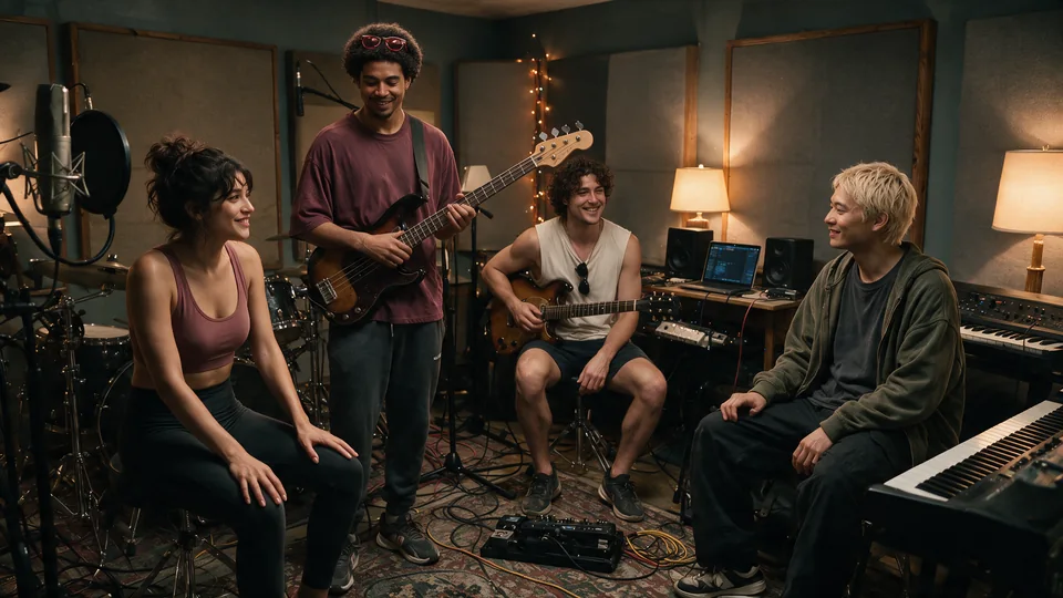 The four Stereoceptor members pause with their instruments in a recording studio