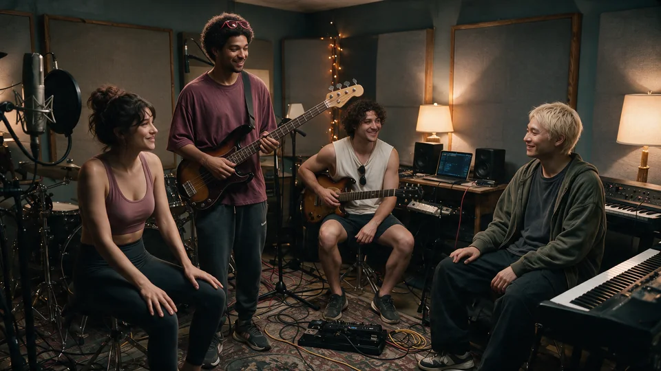 All four Stereoceptor members pause together in the studio among drums, bass, guitar, and keyboards