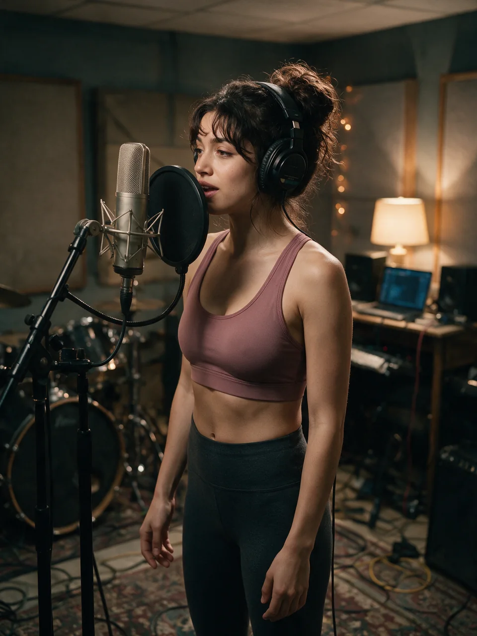 Tessa sings into a studio microphone with headphones on